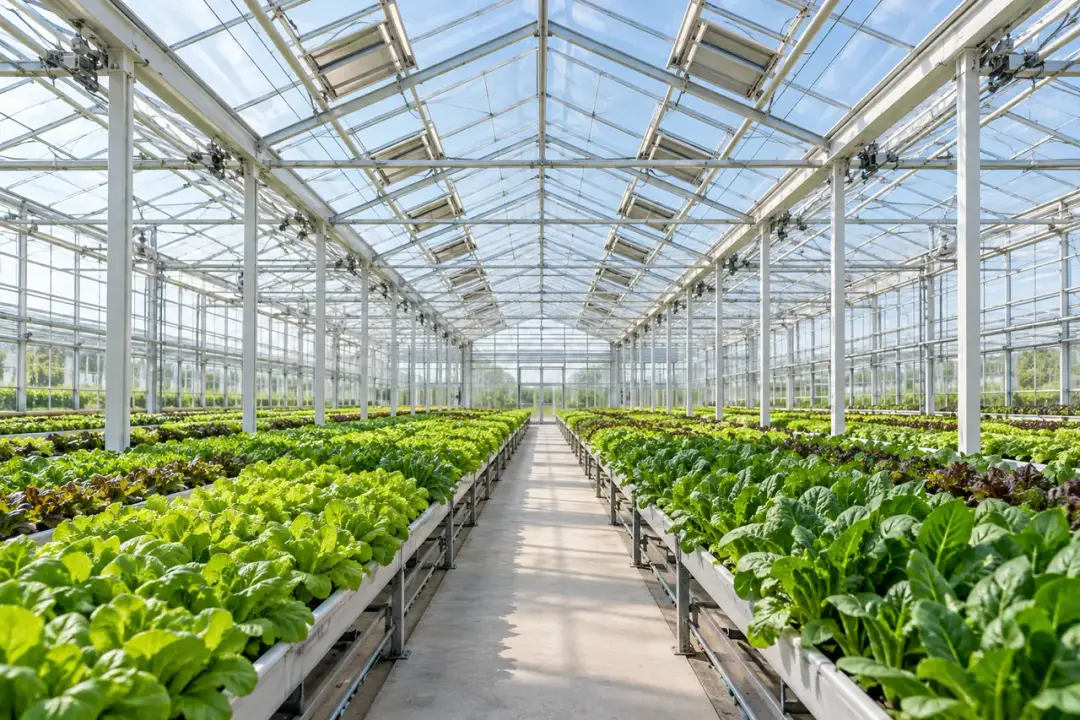 Indoor glasshouse with planted beds and diffuse daylight