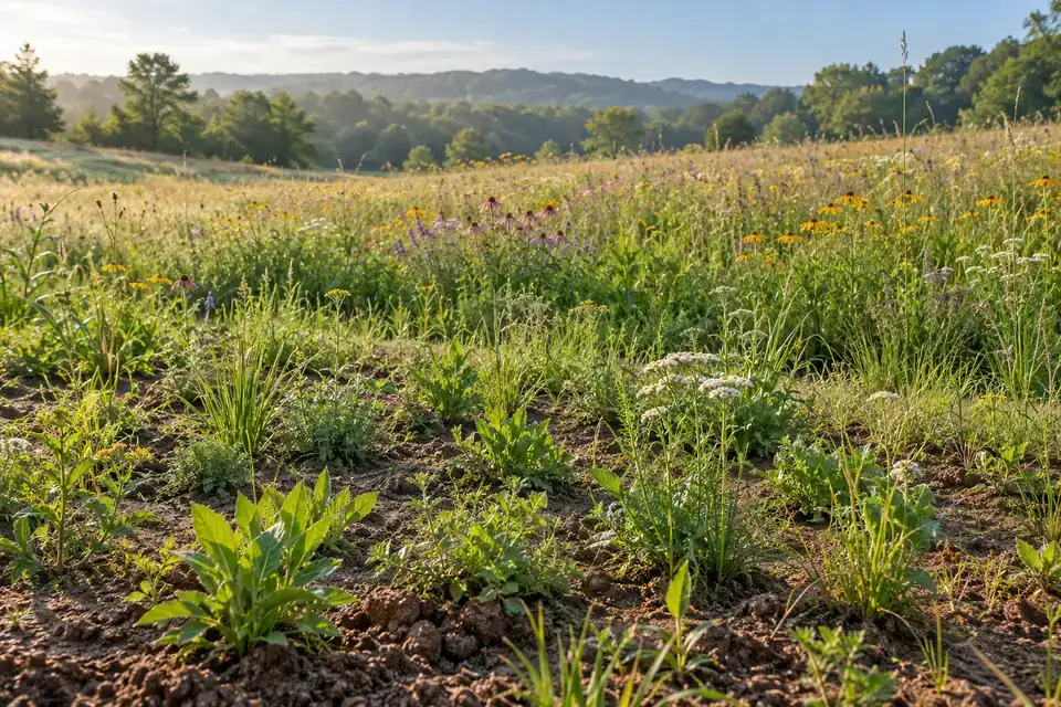 Native habitat meadow with wildflowers and grasses growing across a managed restoration plot