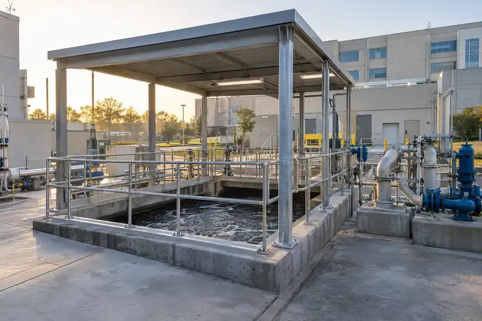 Healthcare facility utility wastewater collection installation with contained tanks and a clean service access area