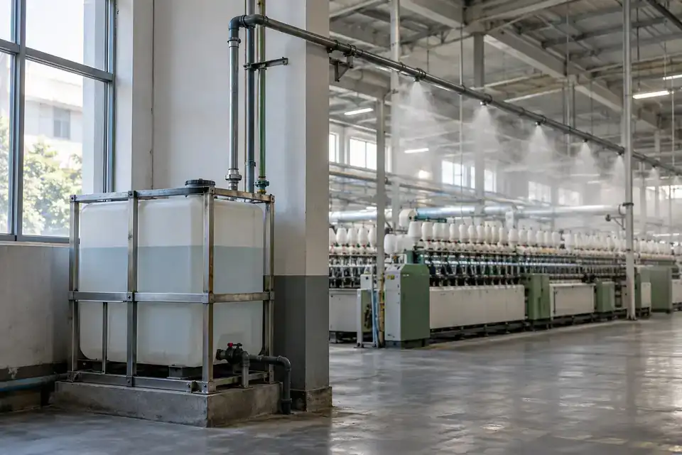 Industrial humidification utility skid with water supply tank and clean factory service area