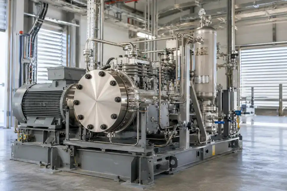 Hydrogen compression equipment with a compact industrial compressor and high-pressure gas manifolds