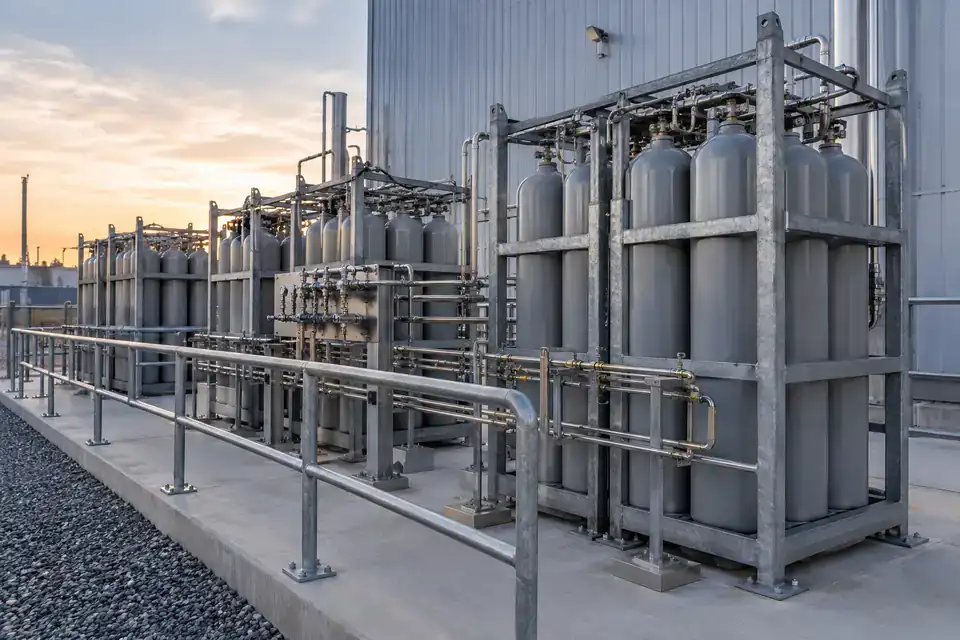 Hydrogen storage and transfer manifold installation with organized cylinder banks and gas connection pipework
