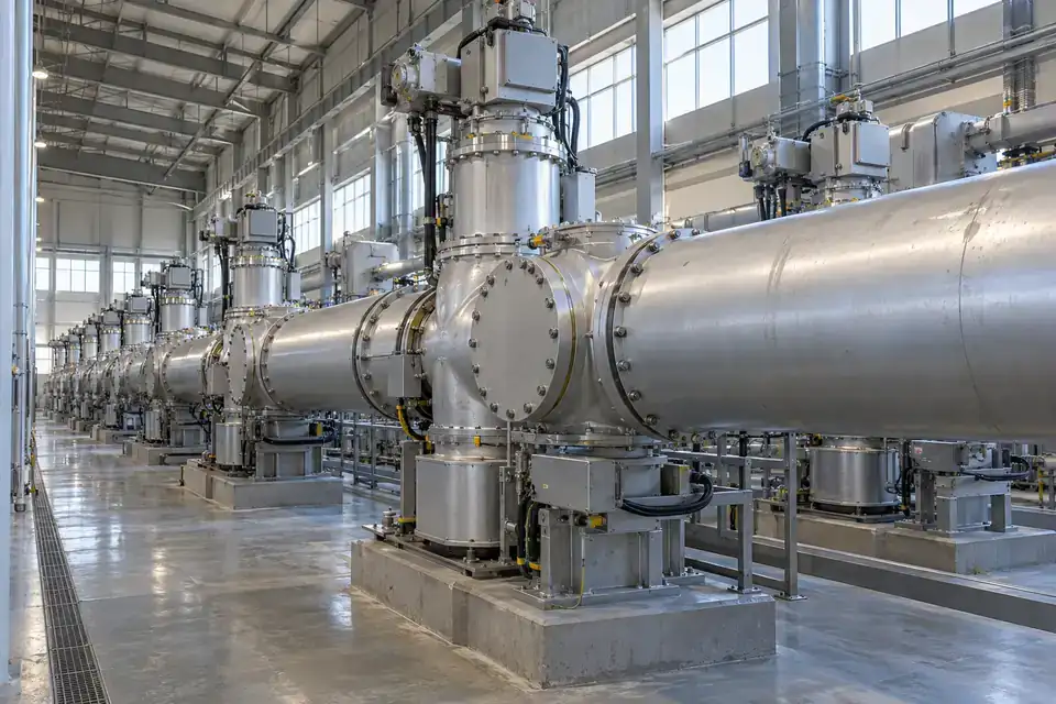 Indoor gas-insulated switchgear hall with enclosed switchgear bays, service aisles and industrial electrical equipment