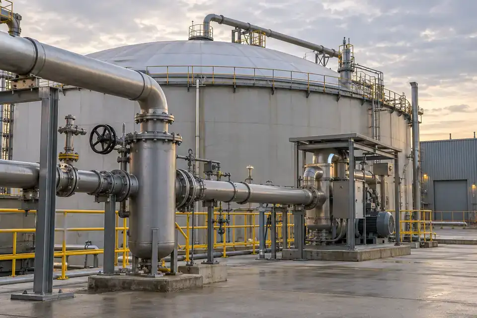 Industrial anaerobic wastewater-treatment facility with covered process vessels, gas pipework and service access