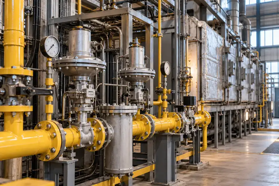 Industrial furnace service area with natural-gas burner pipework, valves, furnace equipment and a maintenance aisle