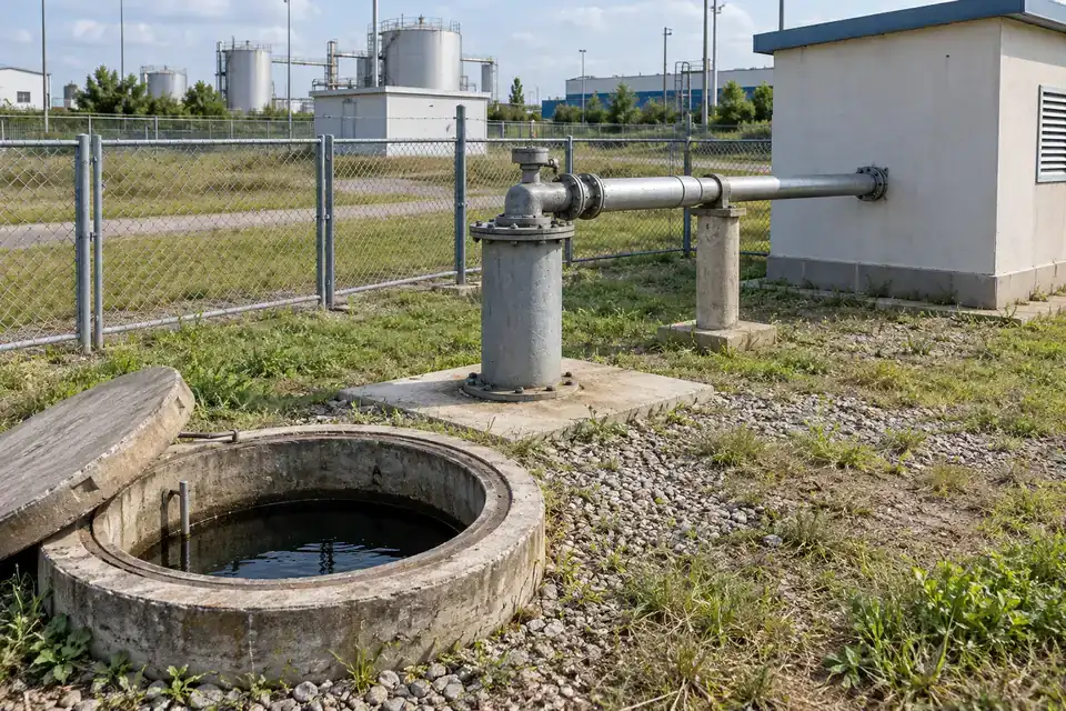 Industrial-site groundwater monitoring well with a protected wellhead and adjacent service access