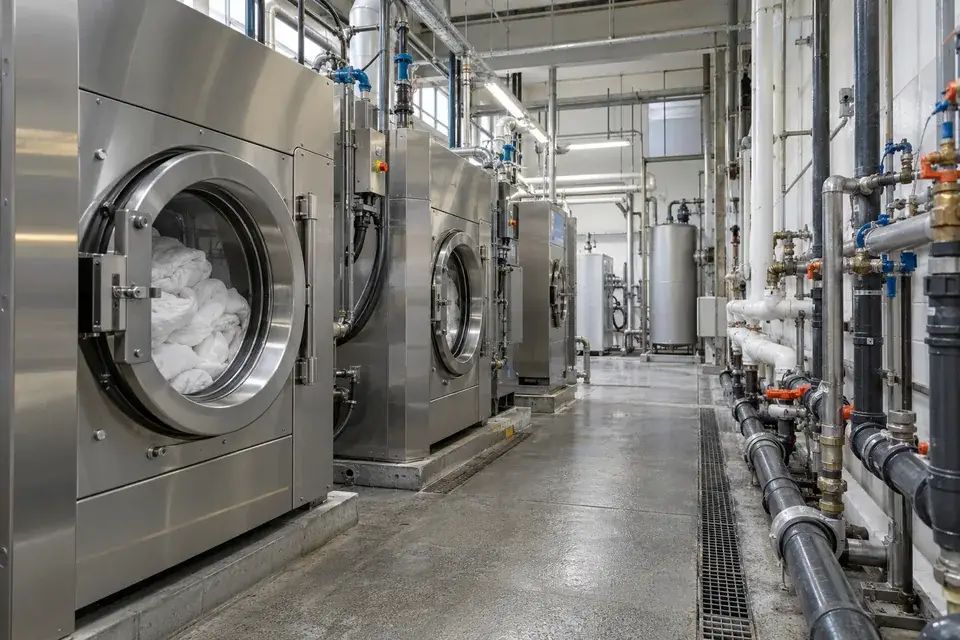 Commercial laundry machines beside external water pipes in an industrial service aisle
