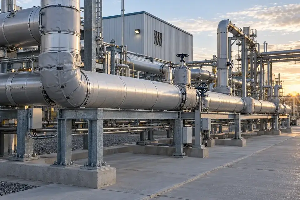 Outdoor industrial service pipework with accessible valves and a paved service base