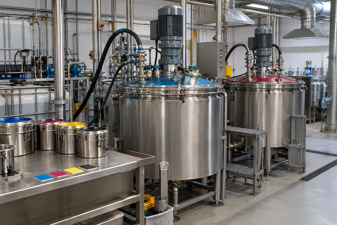 Industrial ink preparation room with covered color-coded mixing vessels and a local extraction enclosure