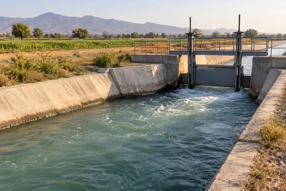 Concrete-lined irrigation and supply canal with a gate structure and a dry inspection path