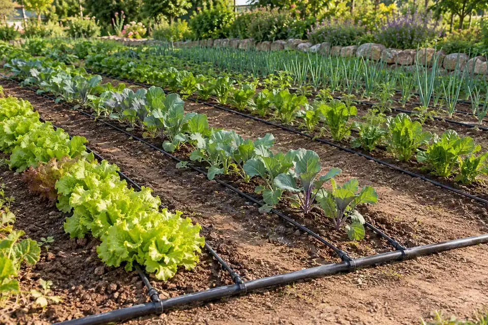 Agricultural irrigation comparison plots with separate drip zones and orderly planting rows