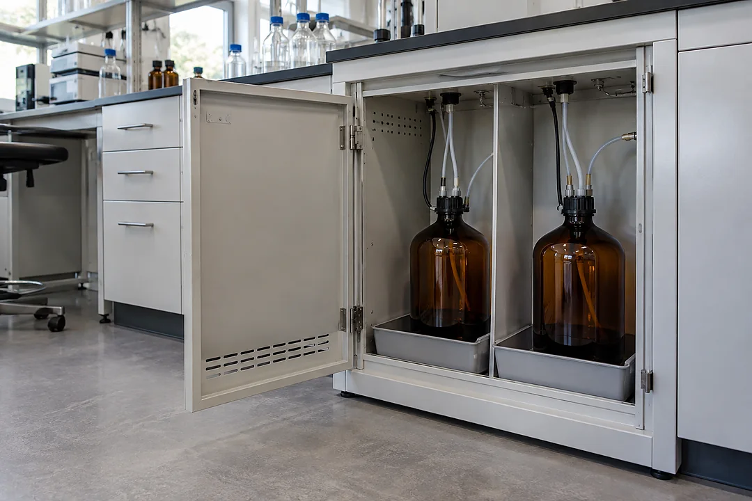 Segregated industrial laboratory solvent-waste collection cabinet with closed compatible waste containers and clear access