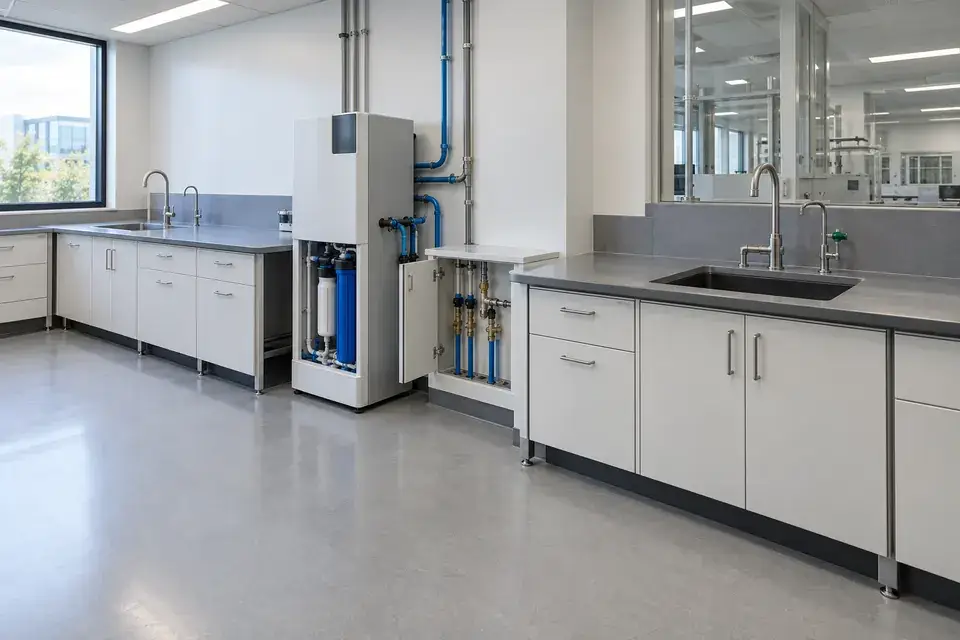Laboratory water-service workspace with complete benches, sinks, a purification unit, service connections and accessible floor