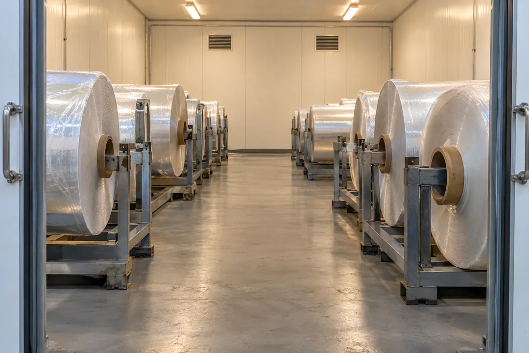Fresh laminated flexible-packaging rolls arranged on curing-room racks in a ventilated industrial room