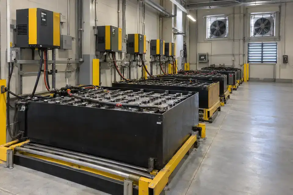 Industrial lead-acid battery charging room with large battery banks, chargers and visible ventilation equipment