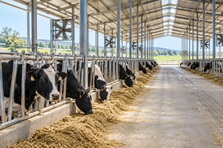 Modern dairy barn with livestock and a ventilated animal environment