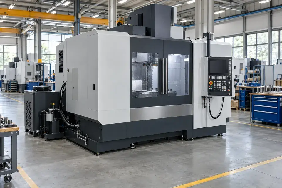 Complete CNC machining centre with its enclosure, control console, cooling-service unit and surrounding factory floor
