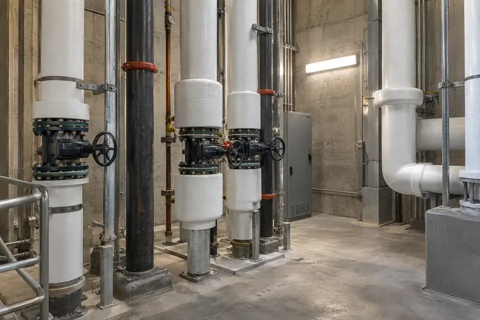 Insulated vertical water-service pipes and valves inside an accessible mechanical riser