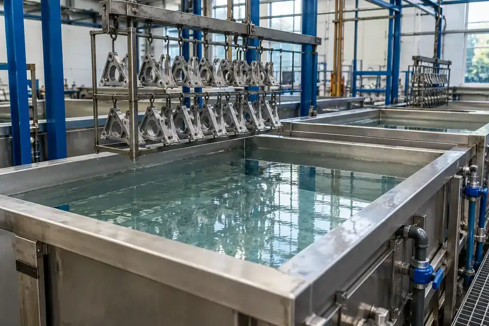 Metal-component rinse line with visible water rinse tanks and industrial parts-handling equipment