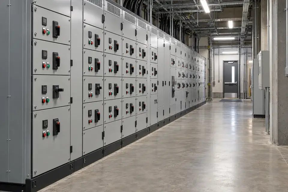 Closed motor-control centre panels along an industrial maintenance aisle