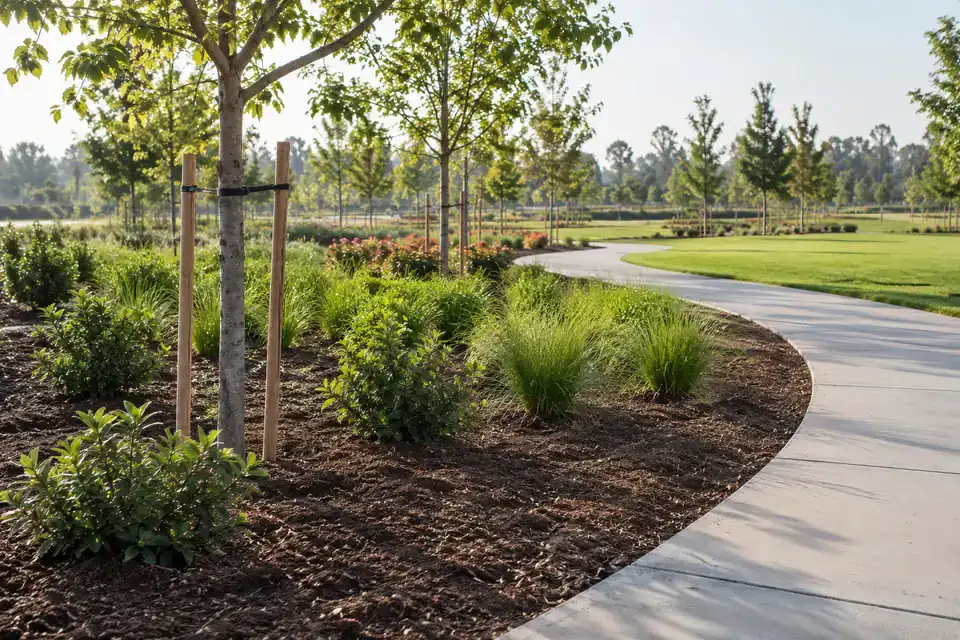 New municipal landscape planting beds with young trees and shrubs beside a recently completed public walkway