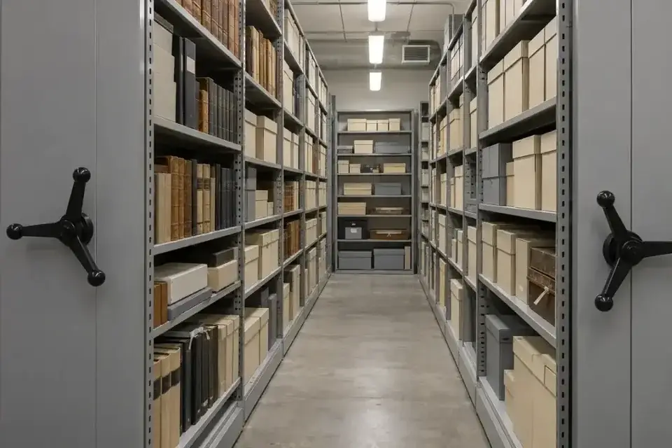 Archival boxes on compact museum or archive shelving with a clear floor aisle