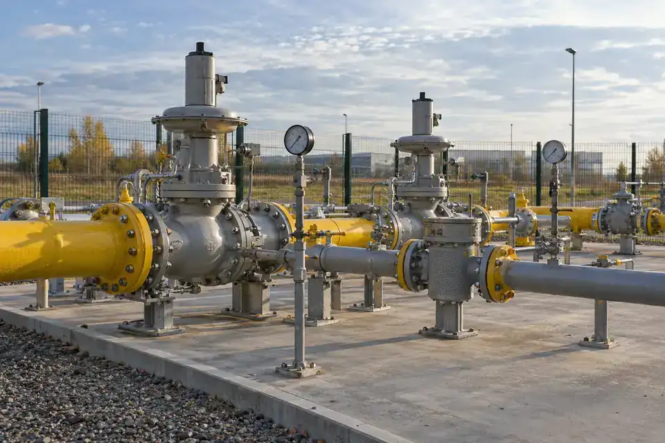 Industrial natural-gas pressure-reduction station with regulators, pipework and accessible valve connections