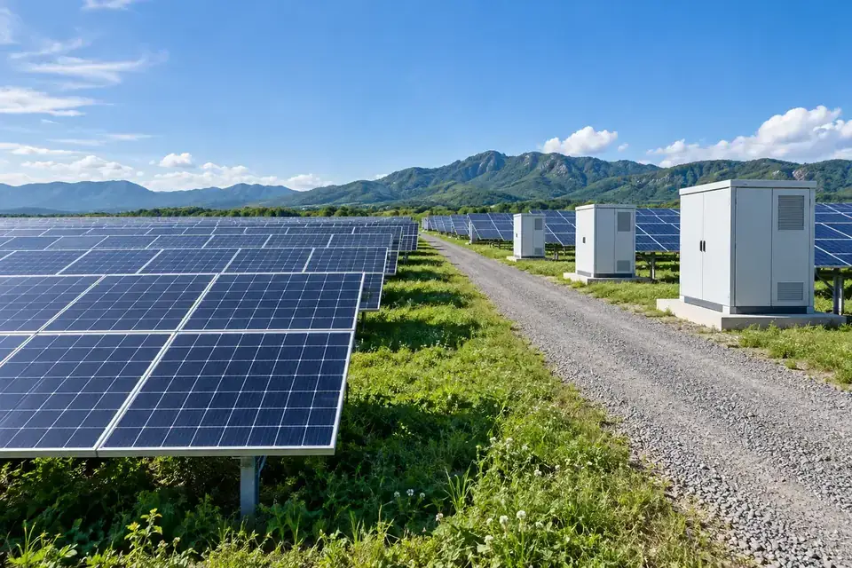 Photovoltaic arrays and a closed outdoor electrical support cabinet on a service base
