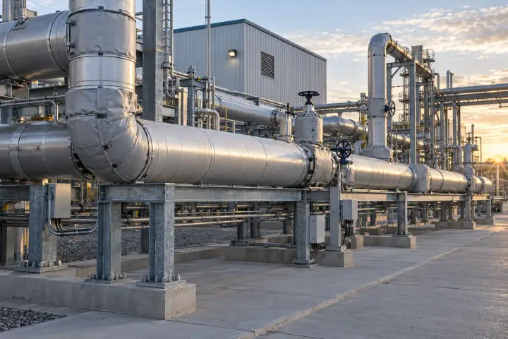 Outdoor process pipelines with insulation and industrial pipe supports