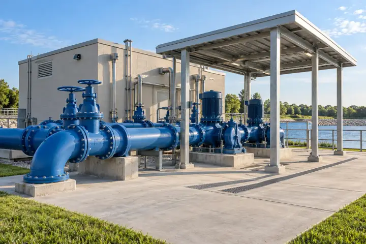 Outdoor water pumping facility with industrial pipes and plant structures