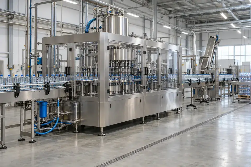 Enclosed bottle-filling and capping installation with conveyors, service connections, machine bases and a clear factory aisle