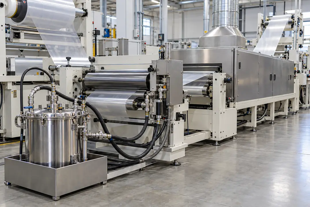 Film-lamination adhesive coating module with a lidded supply vessel, closed feed hoses and extracted drying enclosure