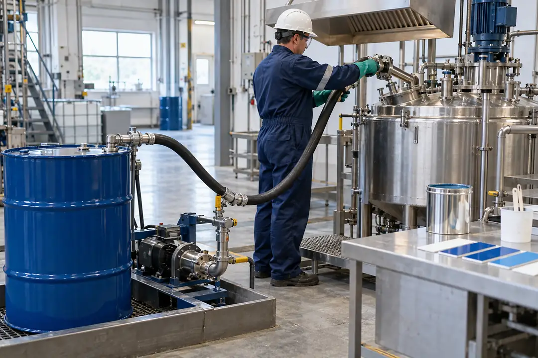 Operator connecting a closed solvent feed from a sealed drum to a paint mixing vessel under local extraction