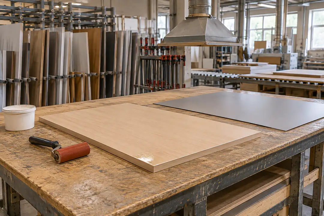 Industrial panel contact-adhesive assembly table with large laminate panels and local extraction hoods