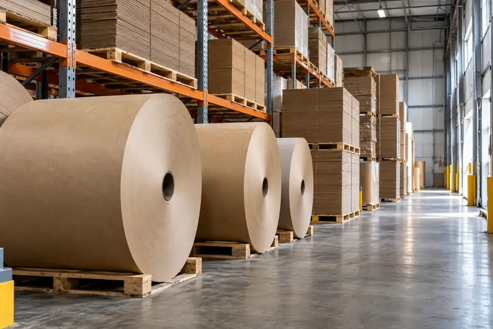 Paper rolls and stacked packaging stock beside an accessible warehouse service aisle