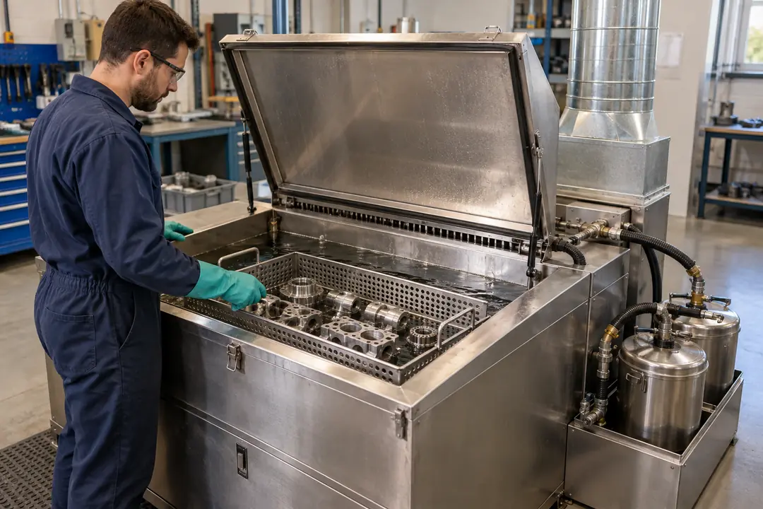 Covered solvent parts washer with a removable metal-parts basket and local extraction