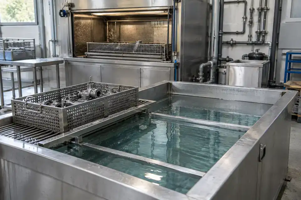 Factory parts-washing machine with an accessible aqueous rinse-water reservoir and metal components