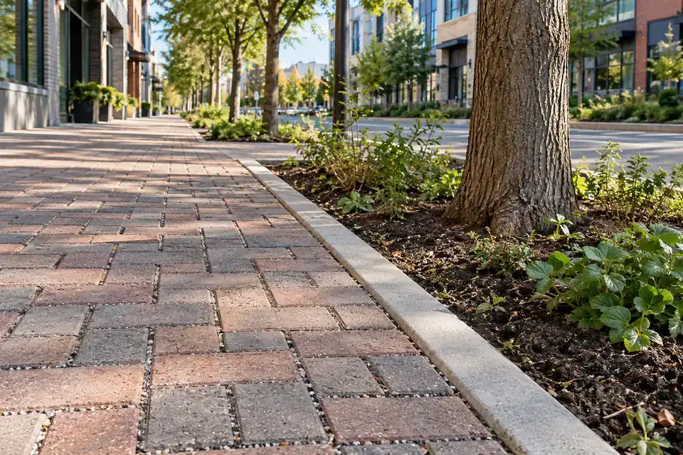 Permeable paved walkway beside a planted tree bed with exposed root-zone soil