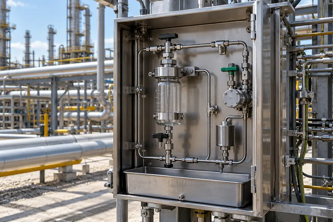 Closed petroleum product sample cabinet installed beside a process pipe rack with organized sample connections