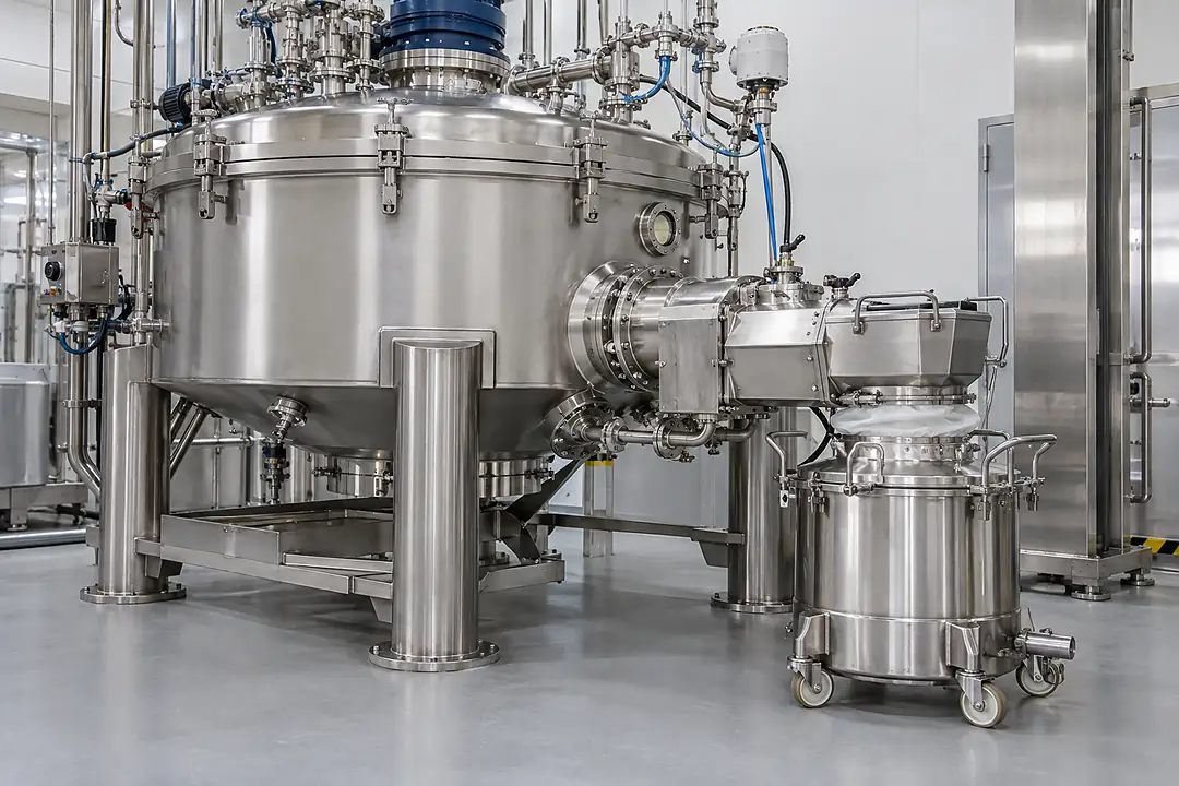 Closed pharmaceutical filter dryer with enclosed discharge interface and stainless service connections in a production room