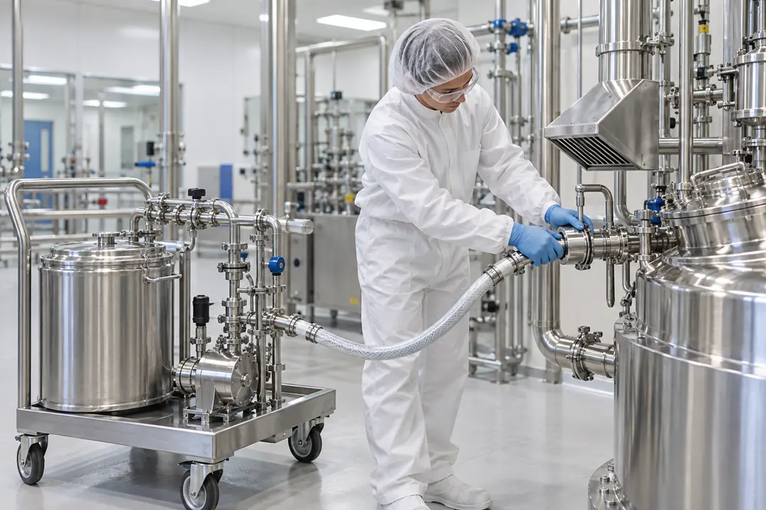 Pharmaceutical solvent metering trolley and closed charging coupling beside a production vessel