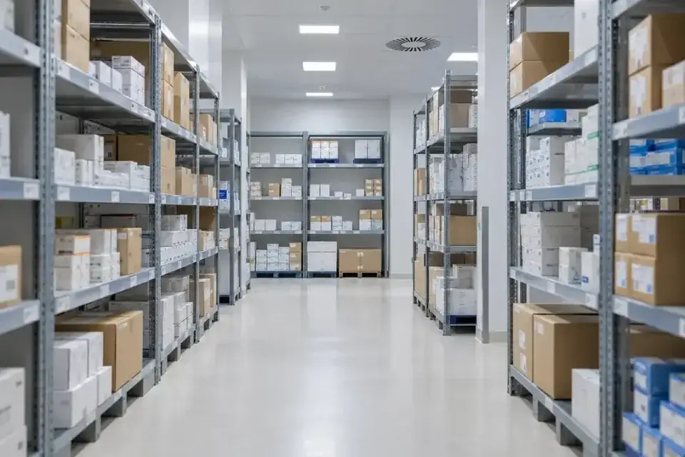 Organised boxed stock on shelving inside a clean pharmaceutical store