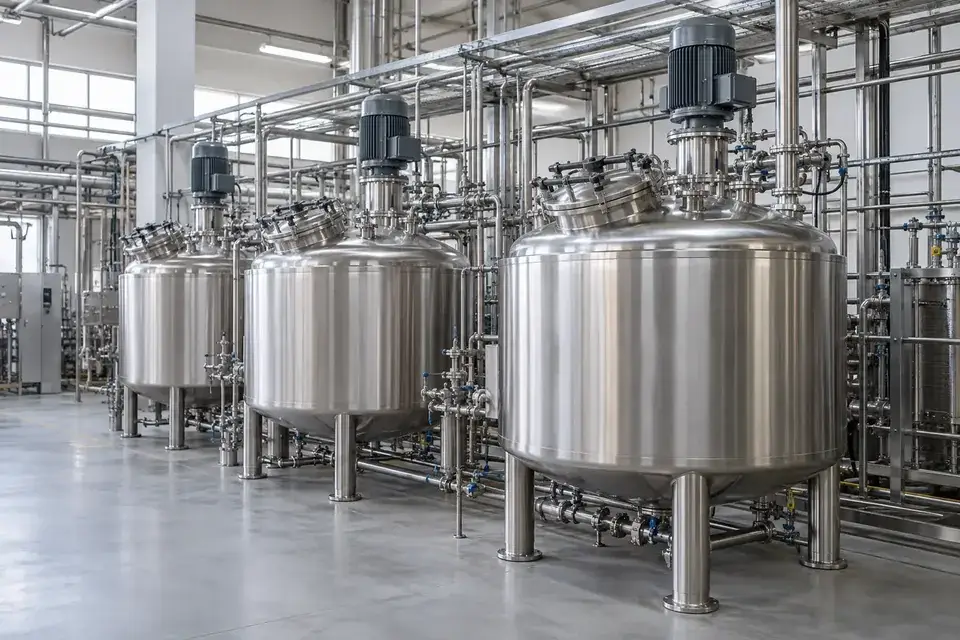 Stainless process vessels with external water and service pipework