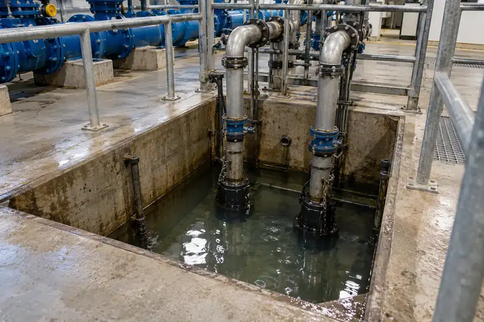 Industrial plant room with a recessed drainage sump and service pipes beside a dry maintenance walkway