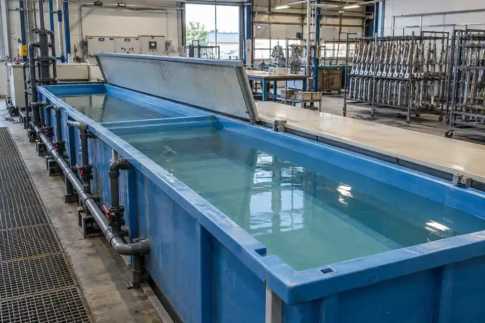 Industrial surface-treatment rinse-water section with tanks, overhead handling clearance and service walkways