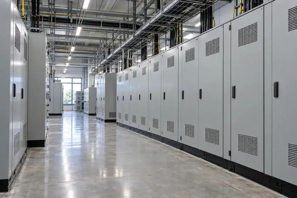 Closed electrical power cabinets in a bright industrial plant room