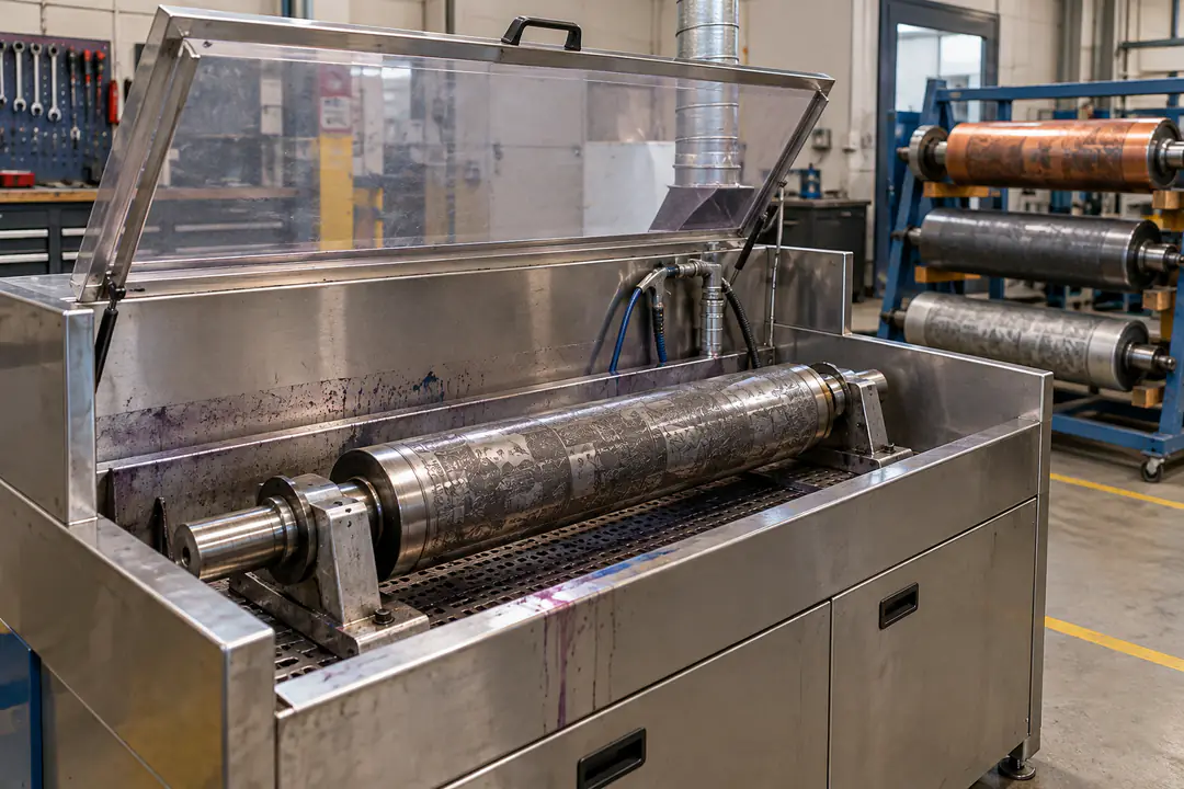Offline printing press roller wash station with metal rollers inside a ventilated cleaning enclosure