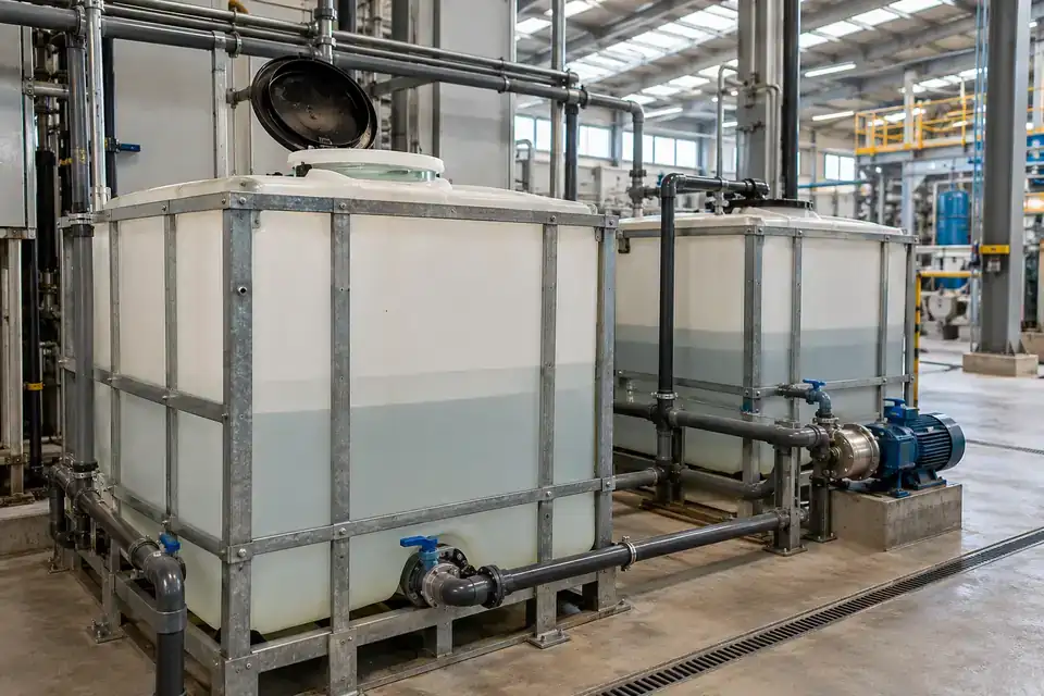 Industrial process-water day tank beside a production line, with an accessible tank top and service pipework