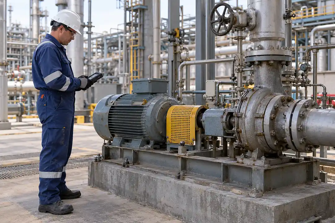 Maintenance technician inspecting the seal area of a refinery process pump skid beside organized pipework