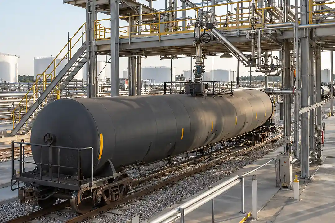 Rail tankcar beneath a petroleum loading gantry with loading arms, vapor collection and operator access platform